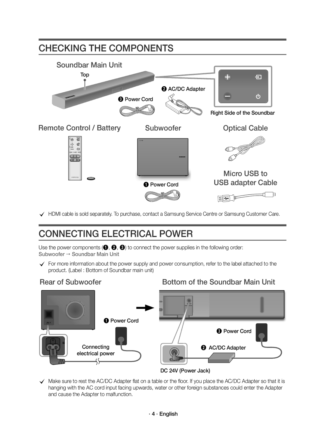 Samsung HW-K551/SQ, HW-K550/SQ manual Soundbar Main Unit, Remote Control / Battery Subwoofer, Power Cord, AC/DC Adapter 