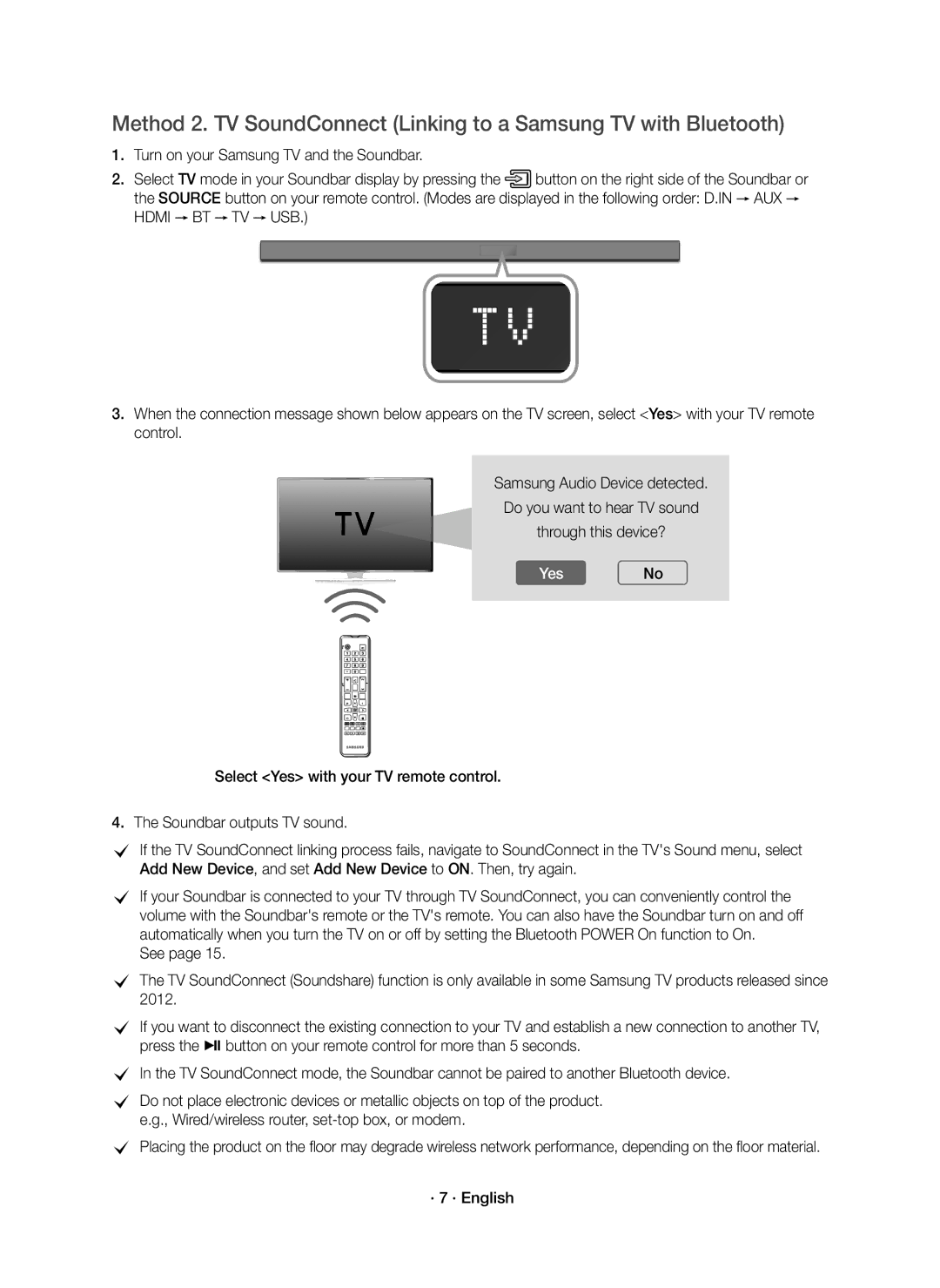 Samsung HW-K550/SQ, HW-K551/SQ manual YesNo, · 7 · English 