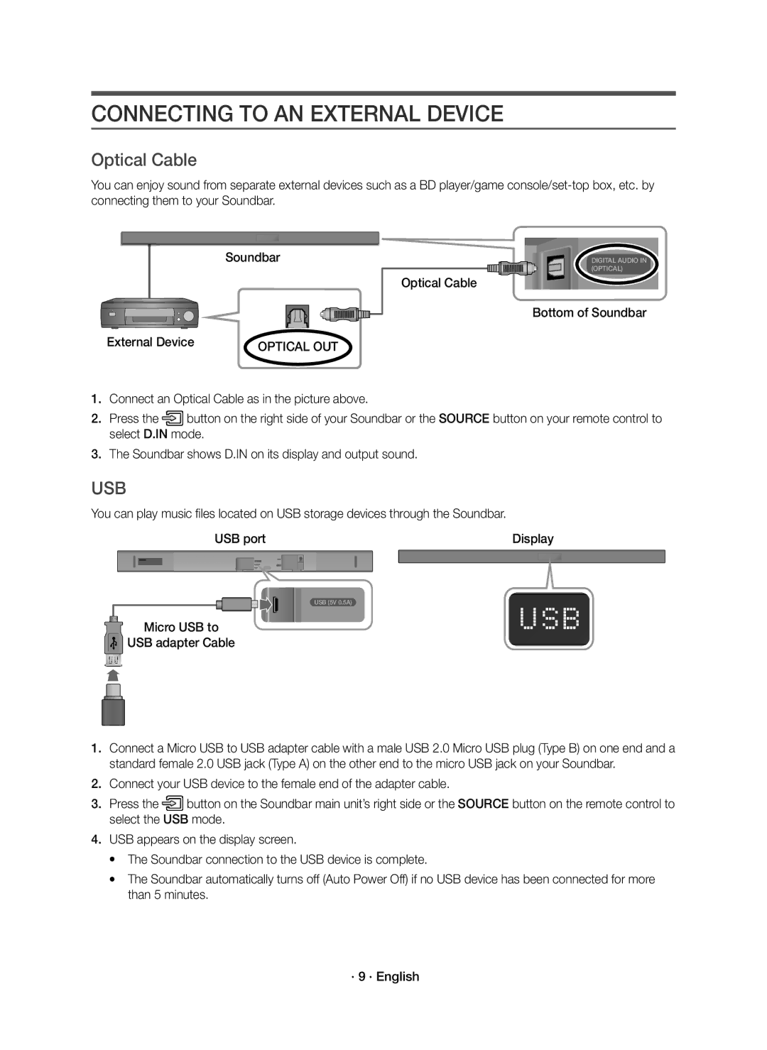 Samsung HW-K550/SQ, HW-K551/SQ manual Connecting to AN External Device, Optical Cable Bottom of Soundbar External Device 