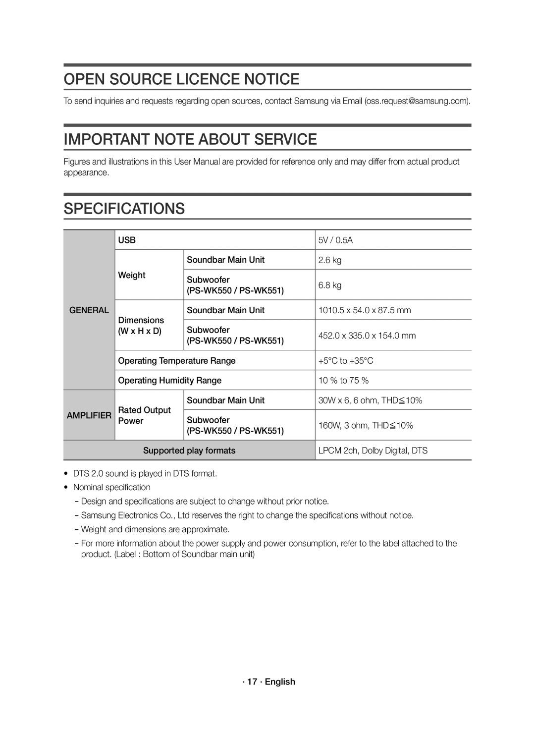 Samsung HW-K550/XV, HW-K551/XV Open Source Licence Notice, Important Note about Service Specifications, Usb, Amplifier 