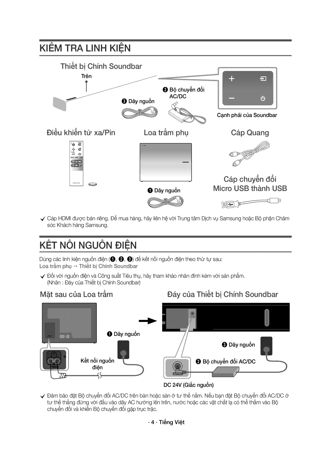 Samsung HW-K551/XV manual Điều khiển từ xa/Pin Loa trầm phụ Cáp Quang, Mặt sau của Loa trầm Đáy của Thiết bị Chính Soundbar 