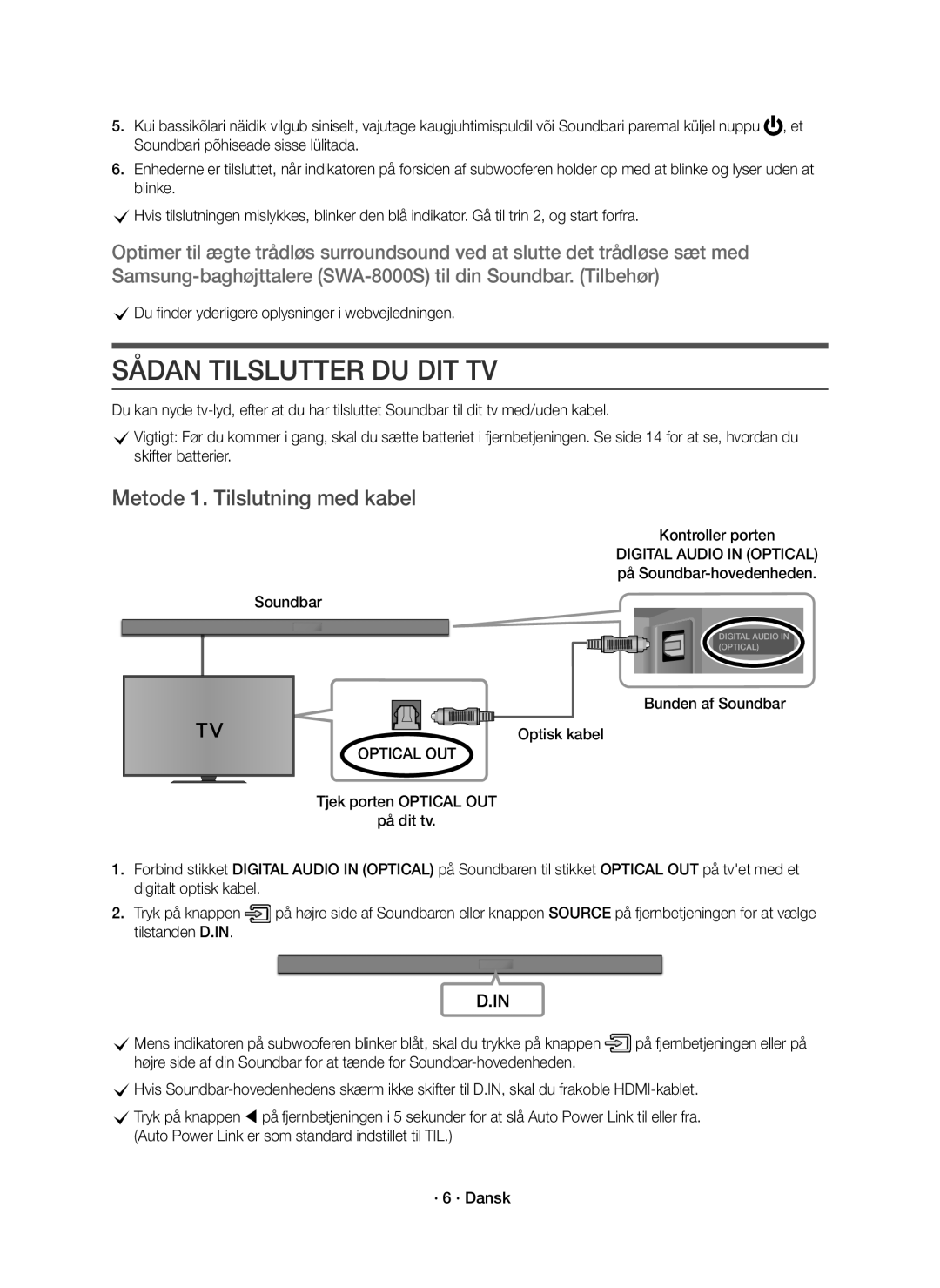 Samsung HW-K560/XE, HW-K561/XE manual Sådan Tilslutter DU DIT TV, Metode 1. Tilslutning med kabel 