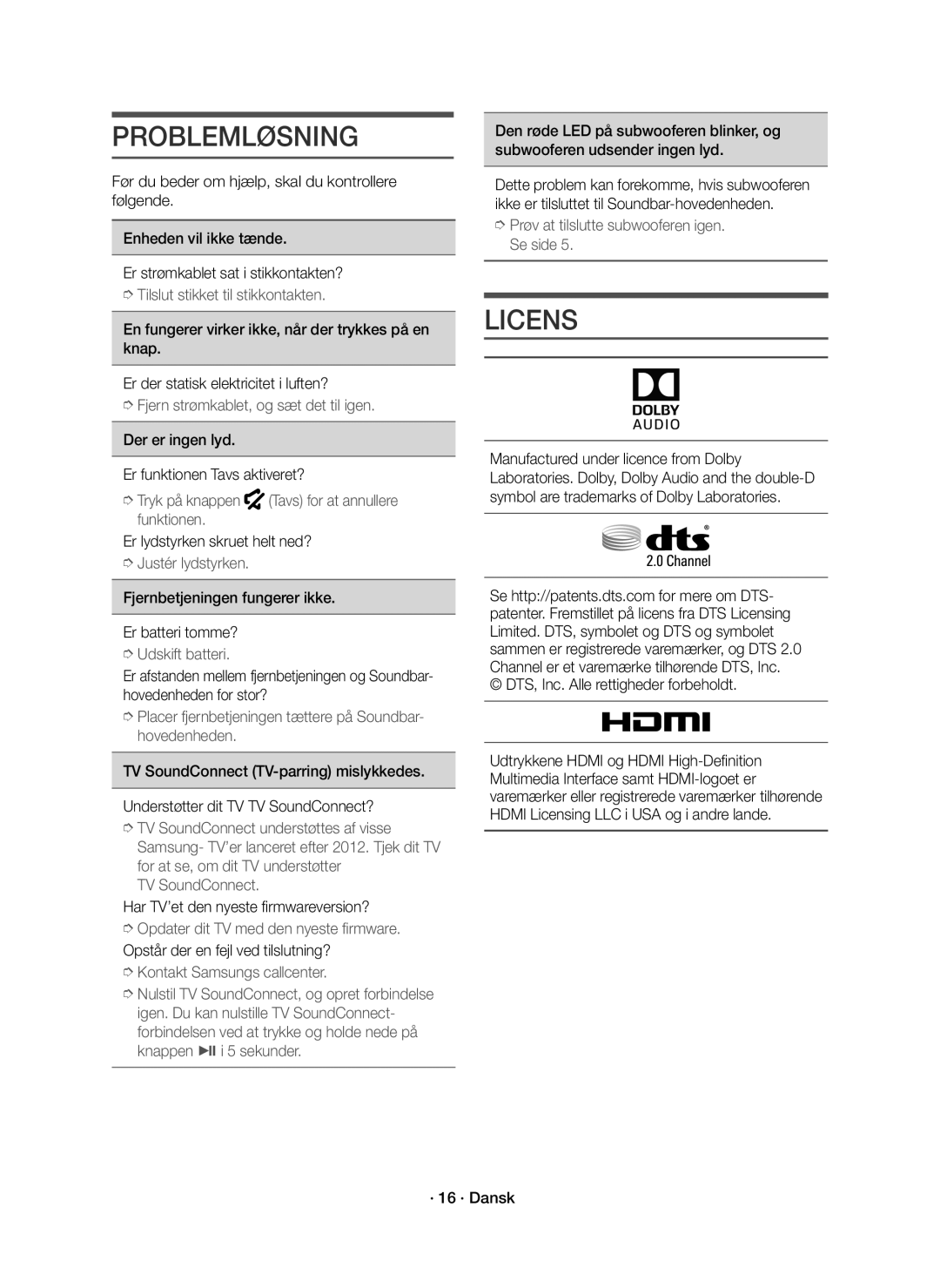 Samsung HW-K560/XE, HW-K561/XE manual Problemløsning, Licens 