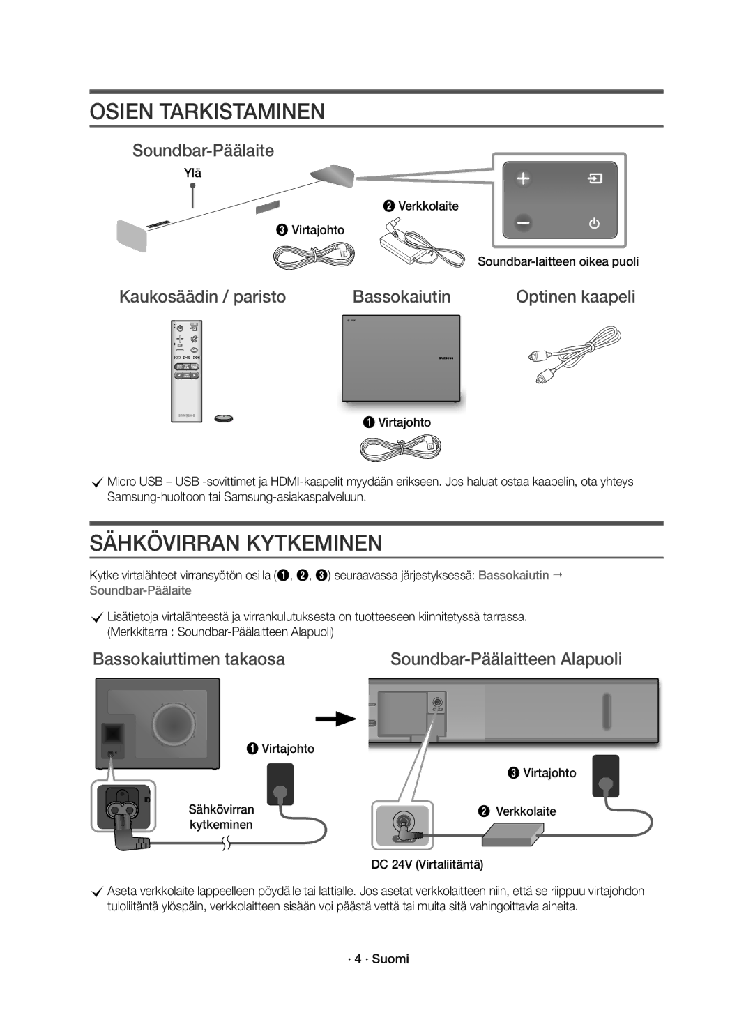 Samsung HW-K561/XE, HW-K560/XE Kaukosäädin / paristo Bassokaiutin Optinen kaapeli, Ylä Verkkolaite Virtajohto, · 4 · Suomi 