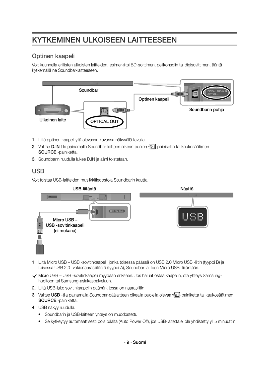 Samsung HW-K560/XE manual Kytkeminen Ulkoiseen Laitteeseen, Optinen kaapeli Soundbarin pohja Ulkoinen laite, · 9 · Suomi 