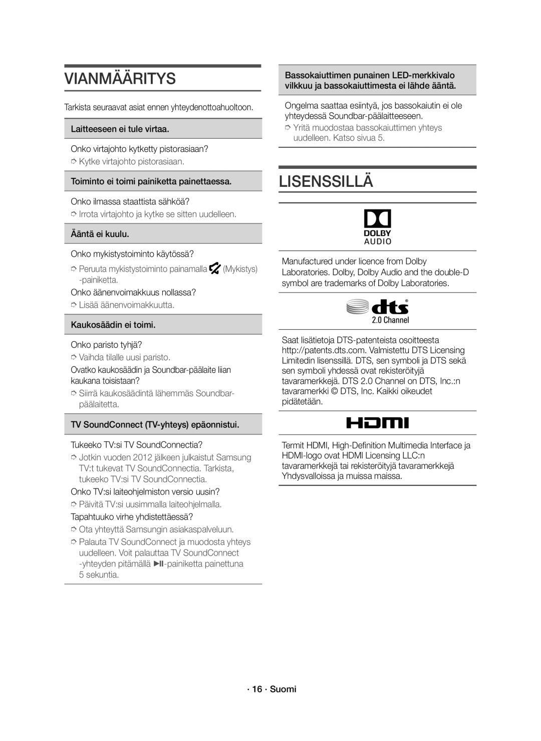 Samsung HW-K561/XE, HW-K560/XE manual Vianmääritys, Lisenssillä 