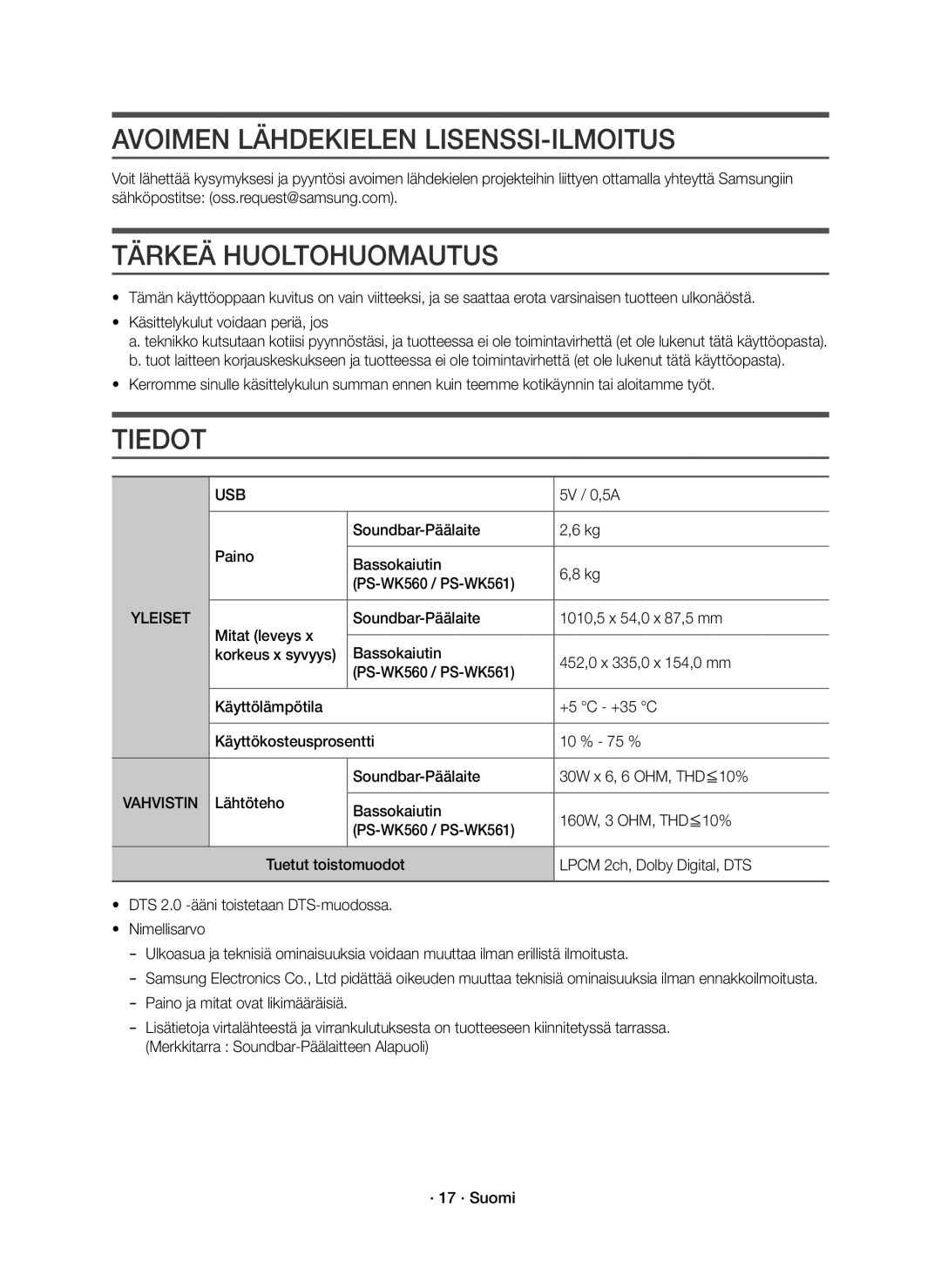 Samsung HW-K560/XE, HW-K561/XE manual Avoimen Lähdekielen LISENSSI-ILMOITUS, Tärkeä Huoltohuomautus, Tiedot 