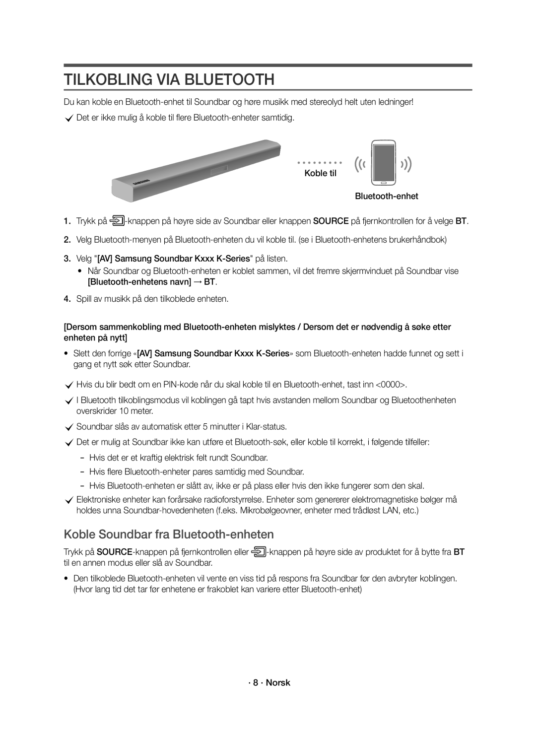 Samsung HW-K560/XE, HW-K561/XE manual Tilkobling VIA Bluetooth, Koble Soundbar fra Bluetooth-enheten 