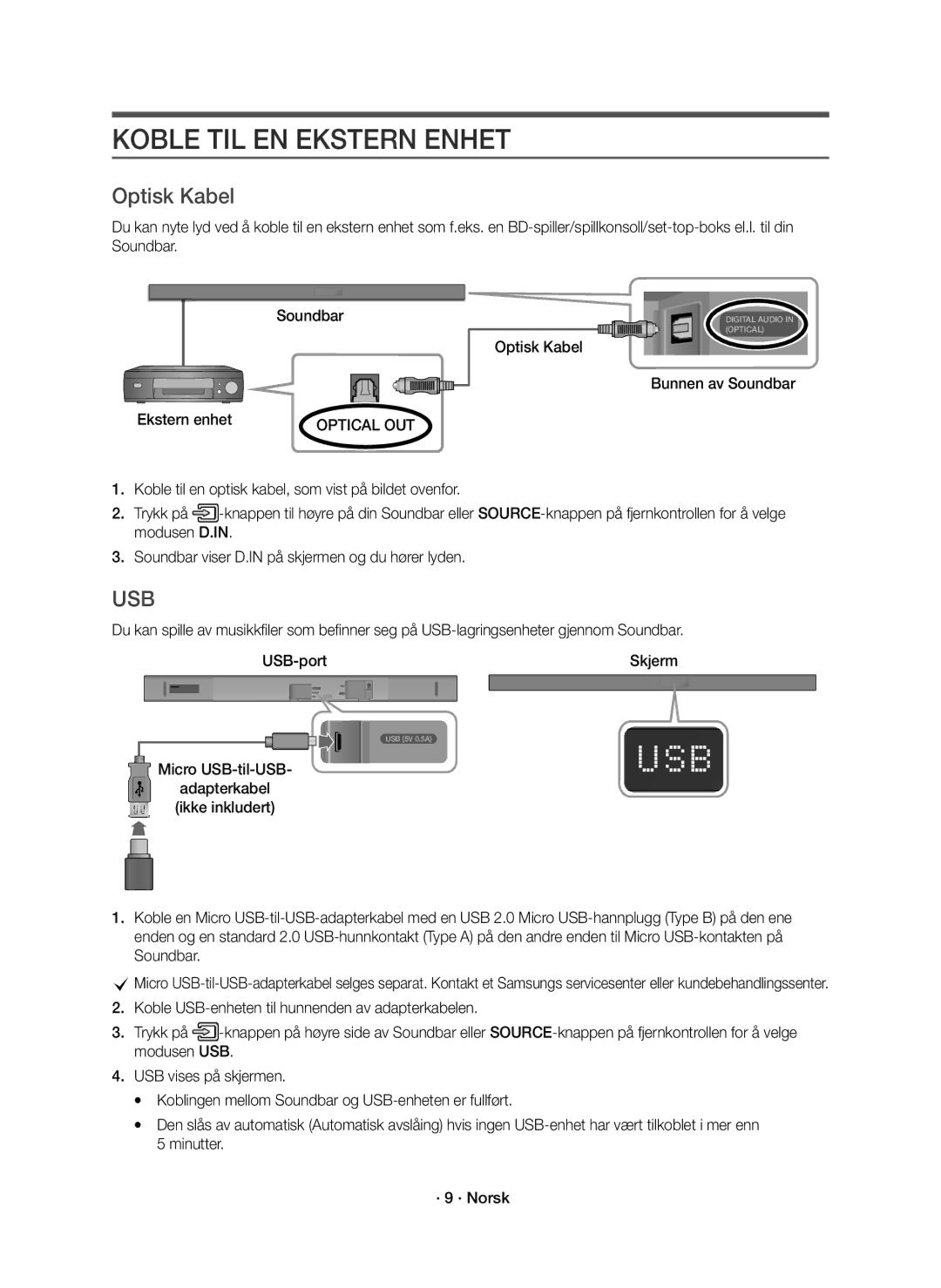 Samsung HW-K561/XE, HW-K560/XE manual Koble TIL EN Ekstern Enhet, Optisk Kabel Bunnen av Soundbar Ekstern enhet 