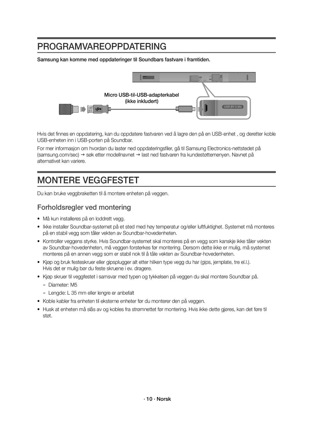 Samsung HW-K560/XE, HW-K561/XE manual Programvareoppdatering, Montere Veggfestet, Forholdsregler ved montering 