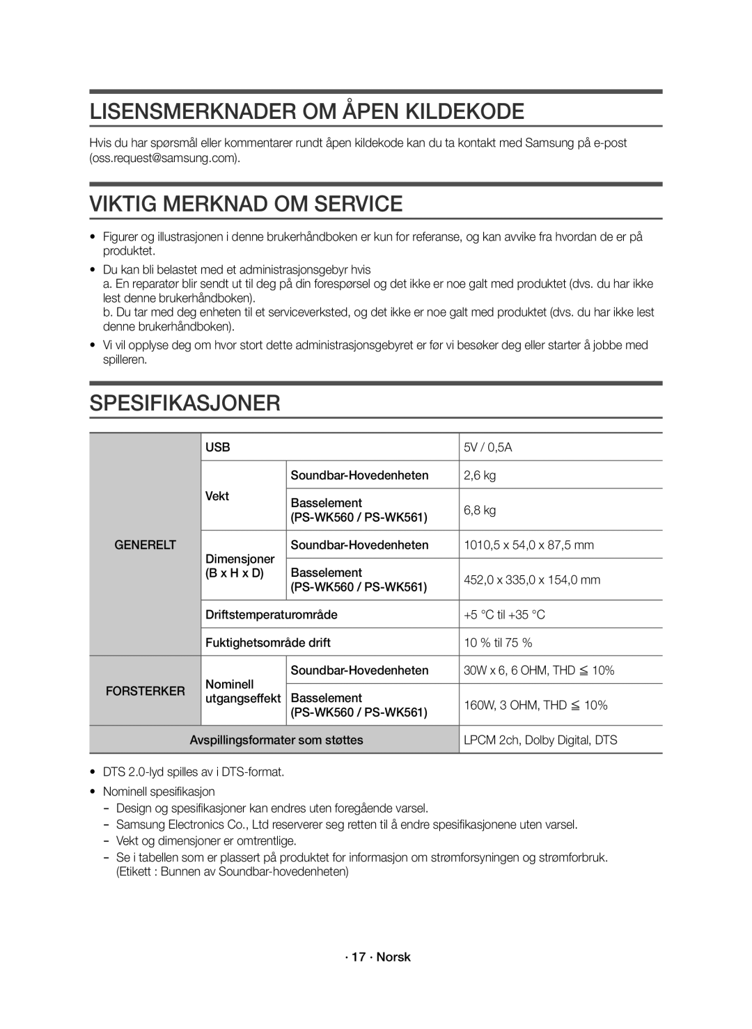 Samsung HW-K561/XE, HW-K560/XE Lisensmerknader OM Åpen Kildekode, Viktig Merknad OM Service, Spesifikasjoner, Forsterker 