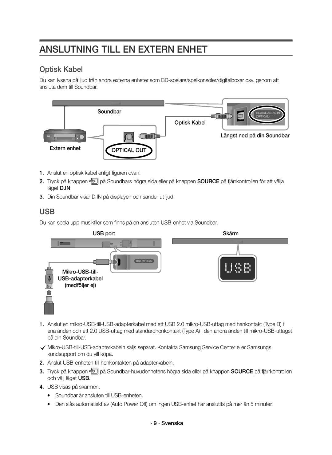 Samsung HW-K560/XE, HW-K561/XE manual Anslutning Till EN Extern Enhet, Optisk Kabel Längst ned på din Soundbar Extern enhet 