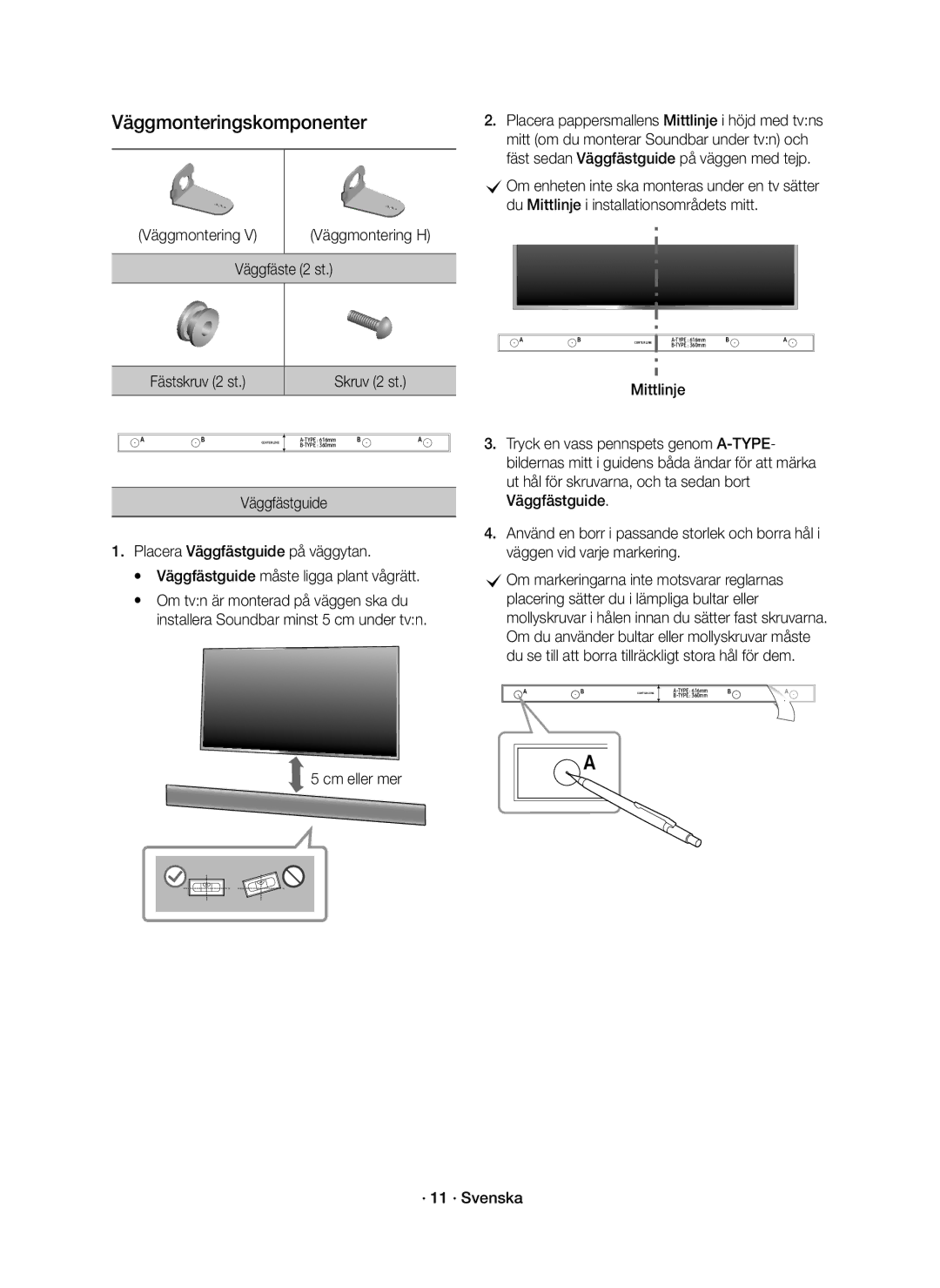 Samsung HW-K560/XE, HW-K561/XE manual Väggmonteringskomponenter, Väggfäste 2 st, · 11 · Svenska 