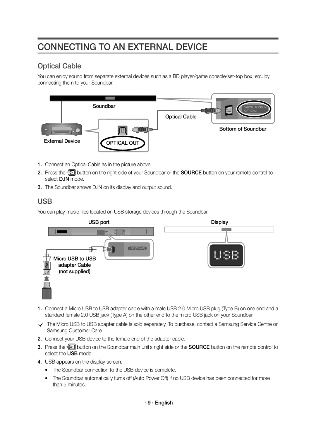 Samsung HW-K560/XE, HW-K561/XE manual Connecting to AN External Device, Optical Cable Bottom of Soundbar External Device 