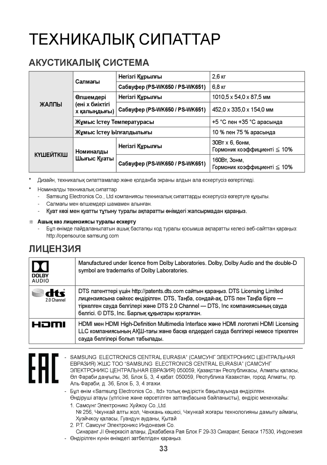 Samsung HW-K650/RU manual Техникалық Сипаттар, Aкустикалық Система, Лицензия 