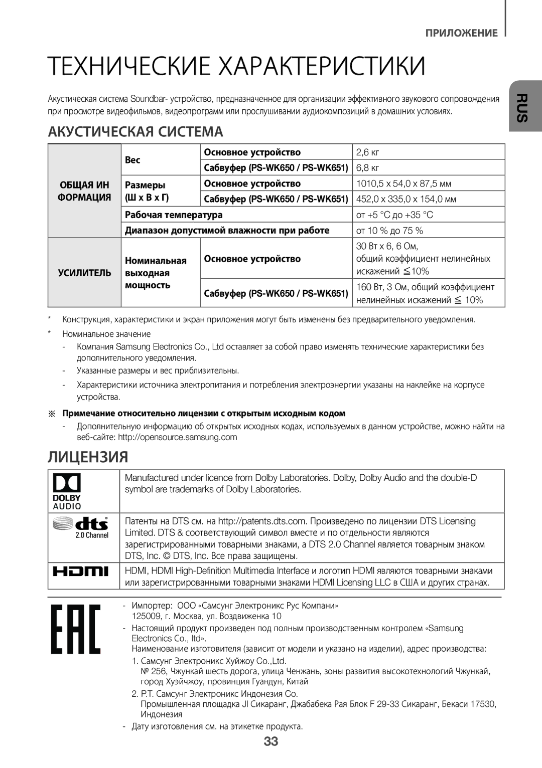 Samsung HW-K650/RU manual Технические Характеристики 