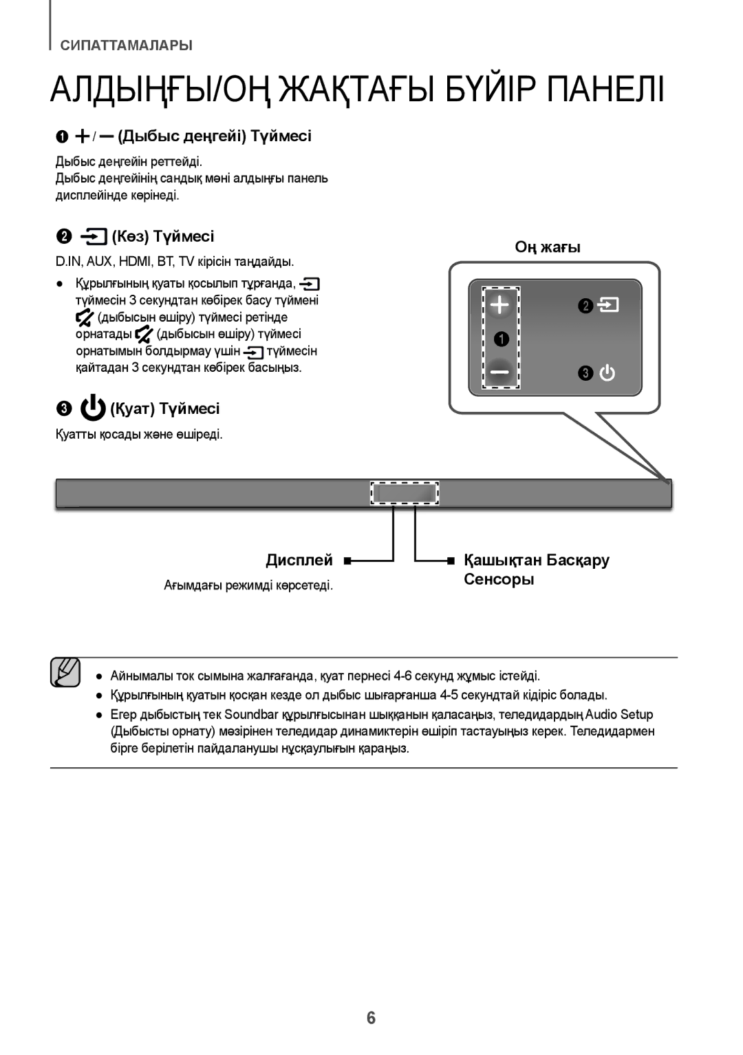 Samsung HW-K650/RU manual АЛДЫҢҒЫ/ОҢ Жақтағы Бүйір Панелі, Қуатты қосады және өшіреді, Ағымдағы режимді көрсетеді 