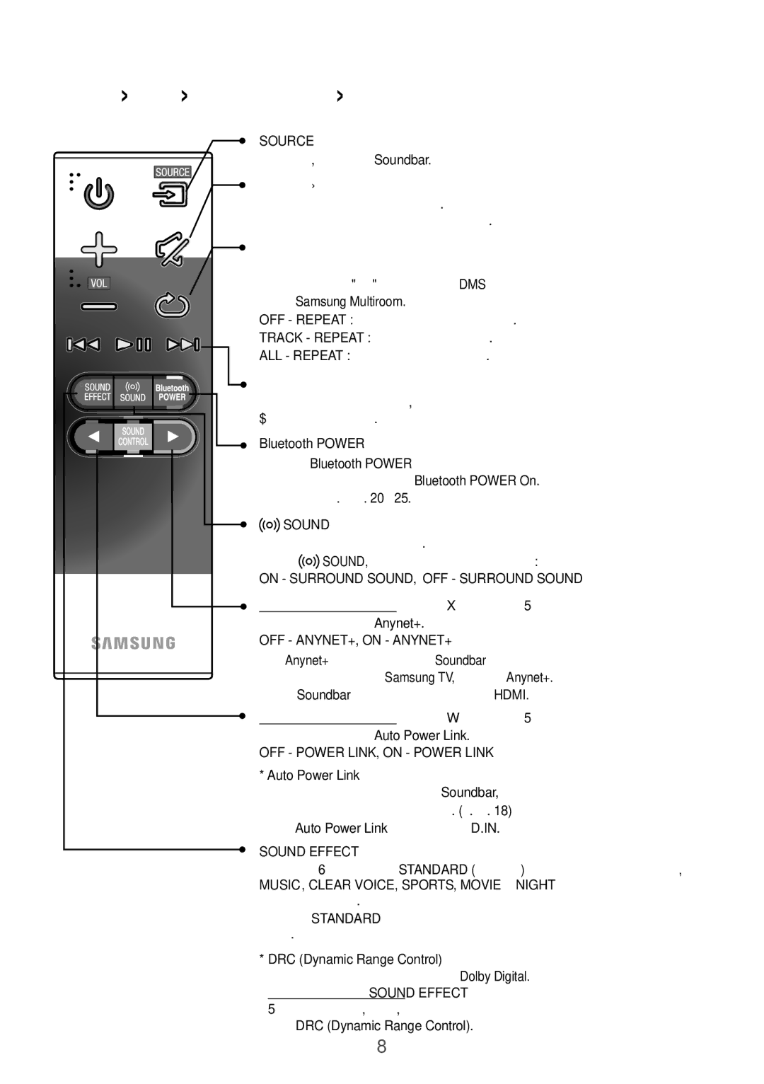 Samsung HW-K650/RU manual Отключение звука, Повтор, Пропуск вперед, Bluetooth Power, DRC Dynamic Range Control 