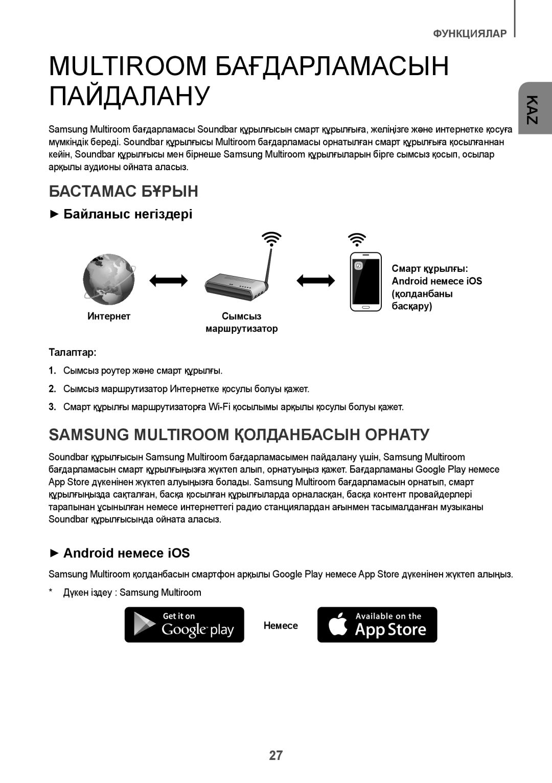 Samsung HW-K650/RU manual Бастамас Бұрын, Samsung Multiroom Қолданбасын Орнату, ++Байланыс негіздері, ++Android немесе iOS 