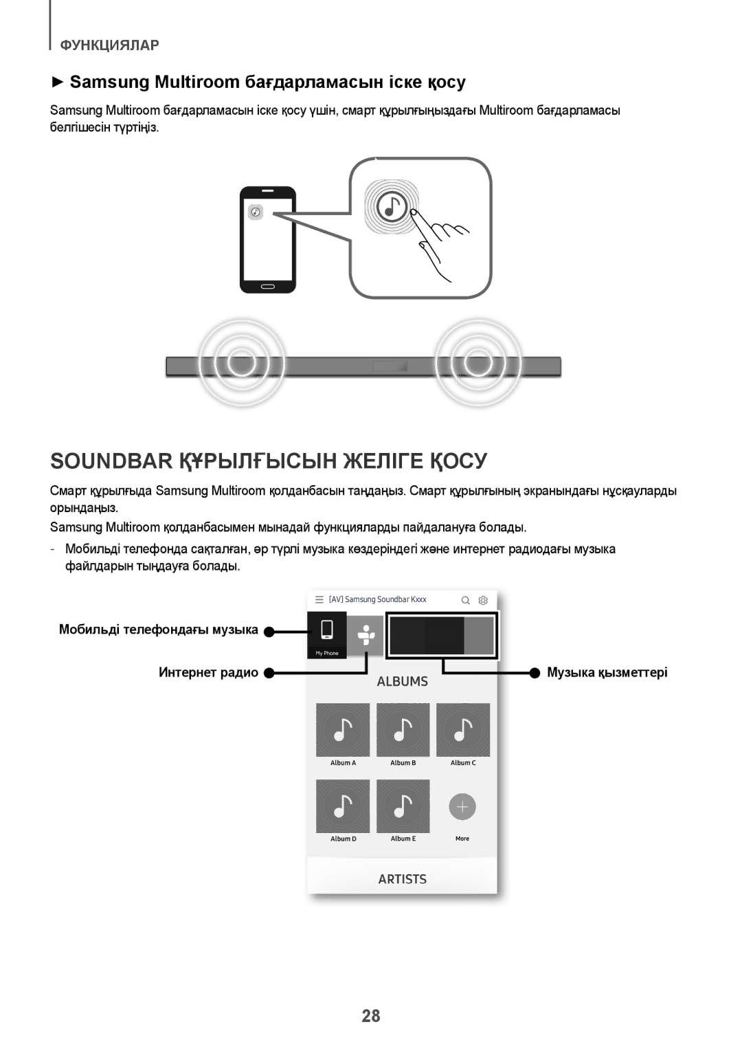 Samsung HW-K650/RU manual Soundbar Құрылғысын Желіге Қосу, ++Samsung Multiroom бағдарламасын іске қосу, Музыка қызметтері 