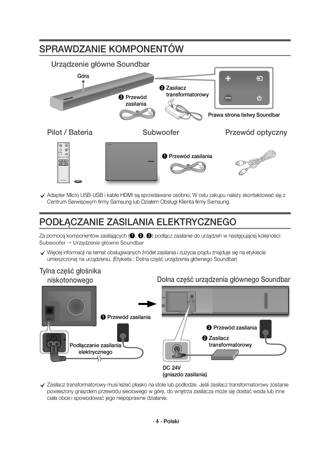 Samsung HW-K651/EN, HW-K650/EN, HW-K651/XN Sprawdzanie Komponentów, Urządzenie główne Soundbar, Pilot / Bateria Subwoofer 