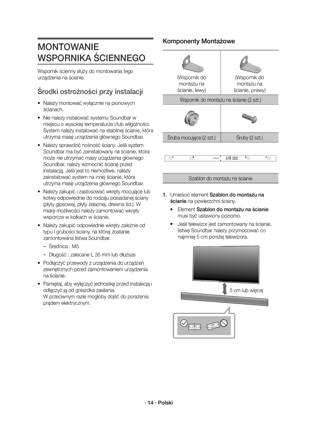 Samsung HW-K651/XN manual Środki ostrożności przy instalacji, Komponenty Montażowe, Wspornik do montażu na ścianie 2 szt 