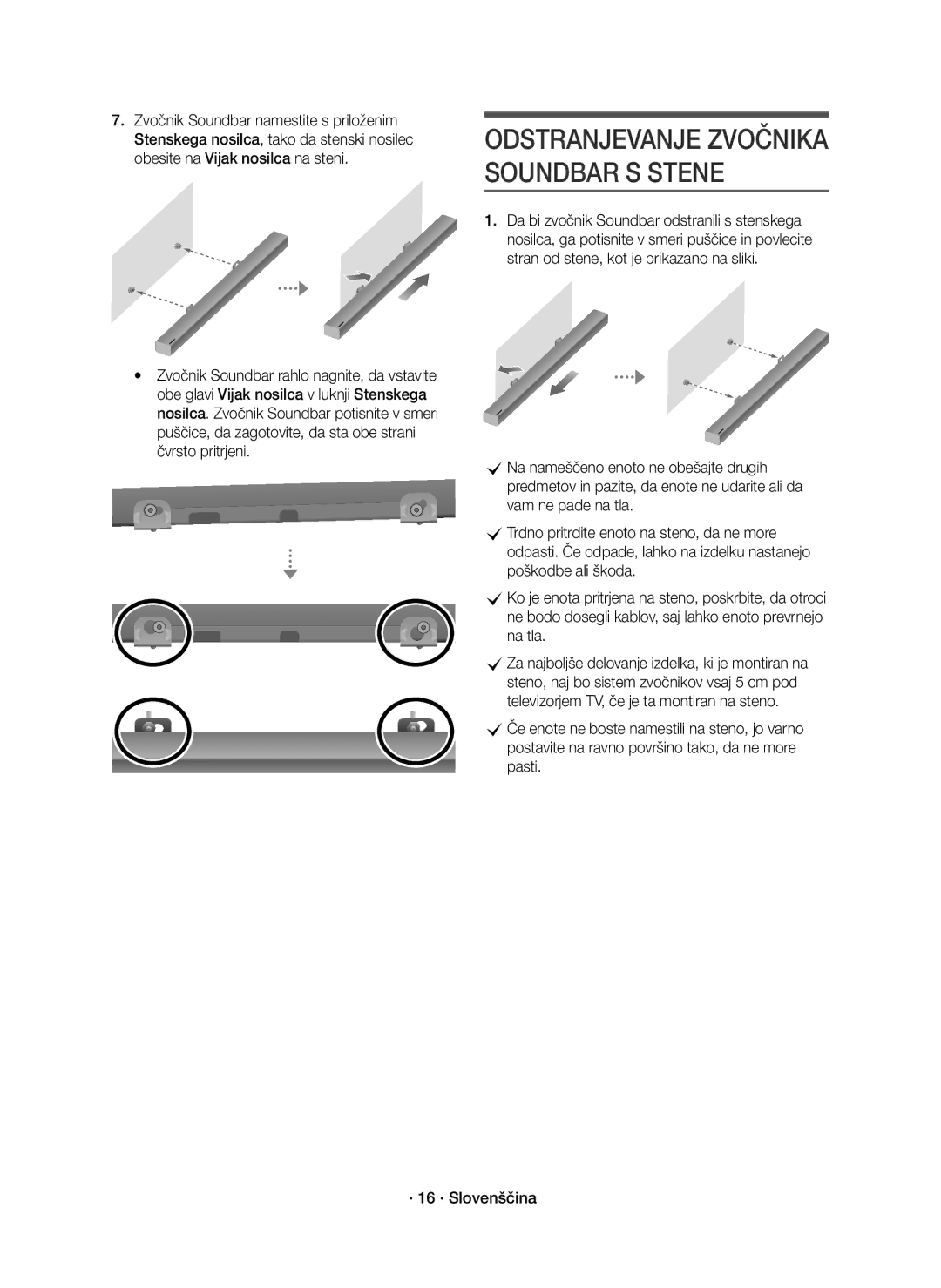 Samsung HW-K651/EN, HW-K650/EN, HW-K651/XN, HW-K650/XN manual Odstranjevanje Zvočnika Soundbar S Stene 