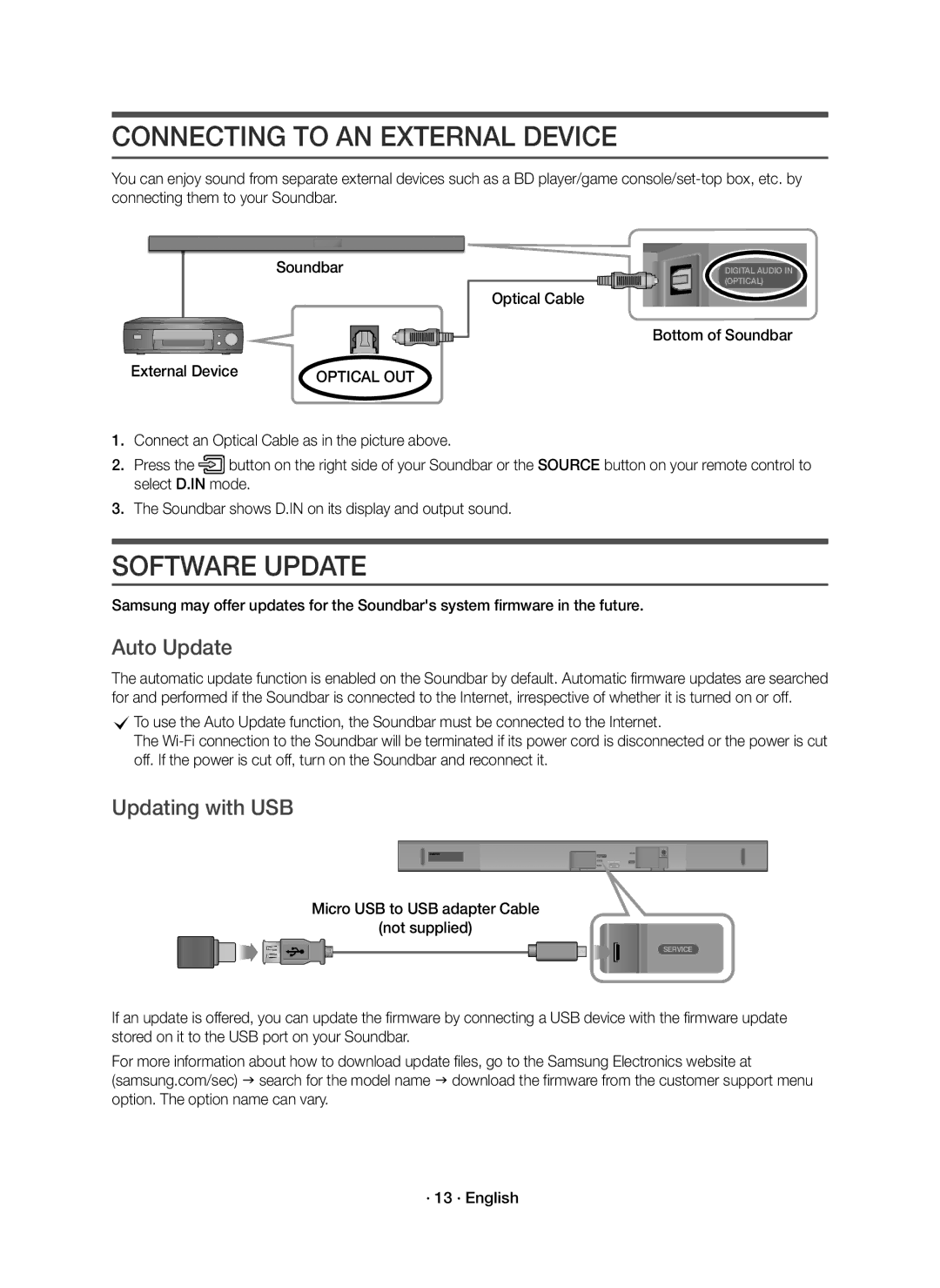 Samsung HW-K650/EN, HW-K651/EN manual Connecting to AN External Device, Software Update, Auto Update, Updating with USB 