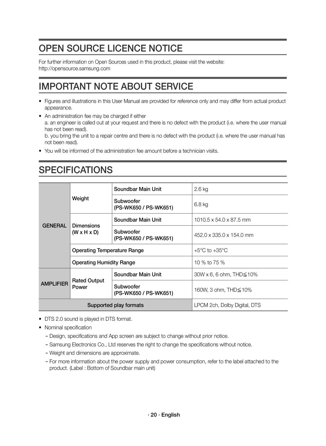 Samsung HW-K651/EN, HW-K650/EN manual Open Source Licence Notice, Important Note about Service, Specifications, Amplifier 