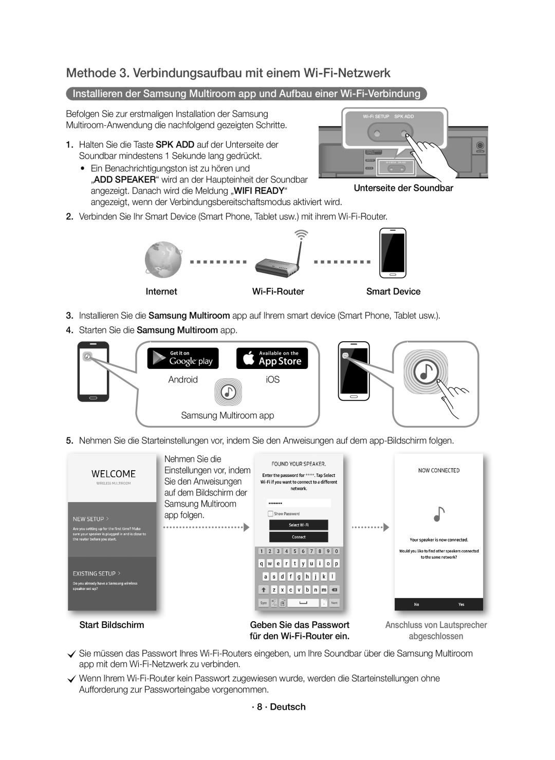 Samsung HW-K651/EN manual Methode 3. Verbindungsaufbau mit einem Wi-Fi-Netzwerk, Ein Benachrichtigungston ist zu hören und 