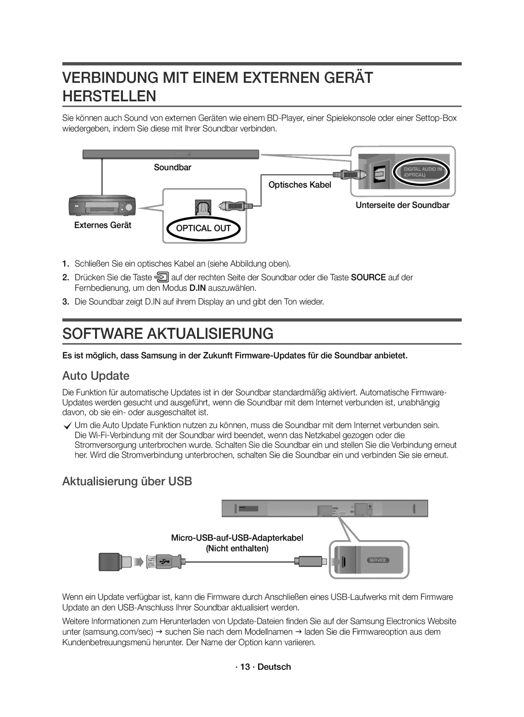 Samsung HW-K650/EN manual Verbindung MIT Einem Externen Gerät Herstellen, Software Aktualisierung, Aktualisierung über USB 