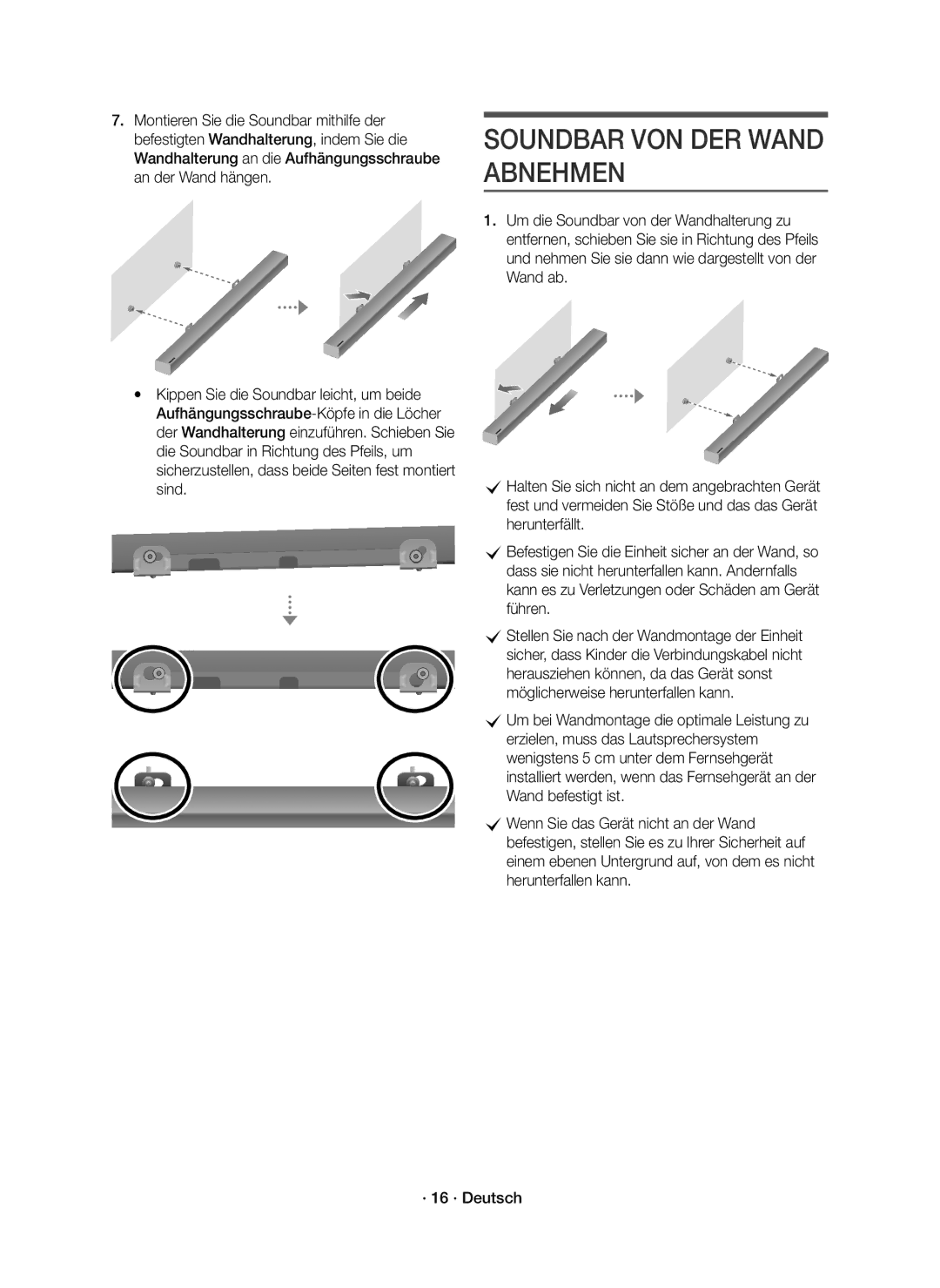 Samsung HW-K651/EN, HW-K650/EN, HW-K651/XN, HW-K650/XN manual Soundbar VON DER Wand Abnehmen 