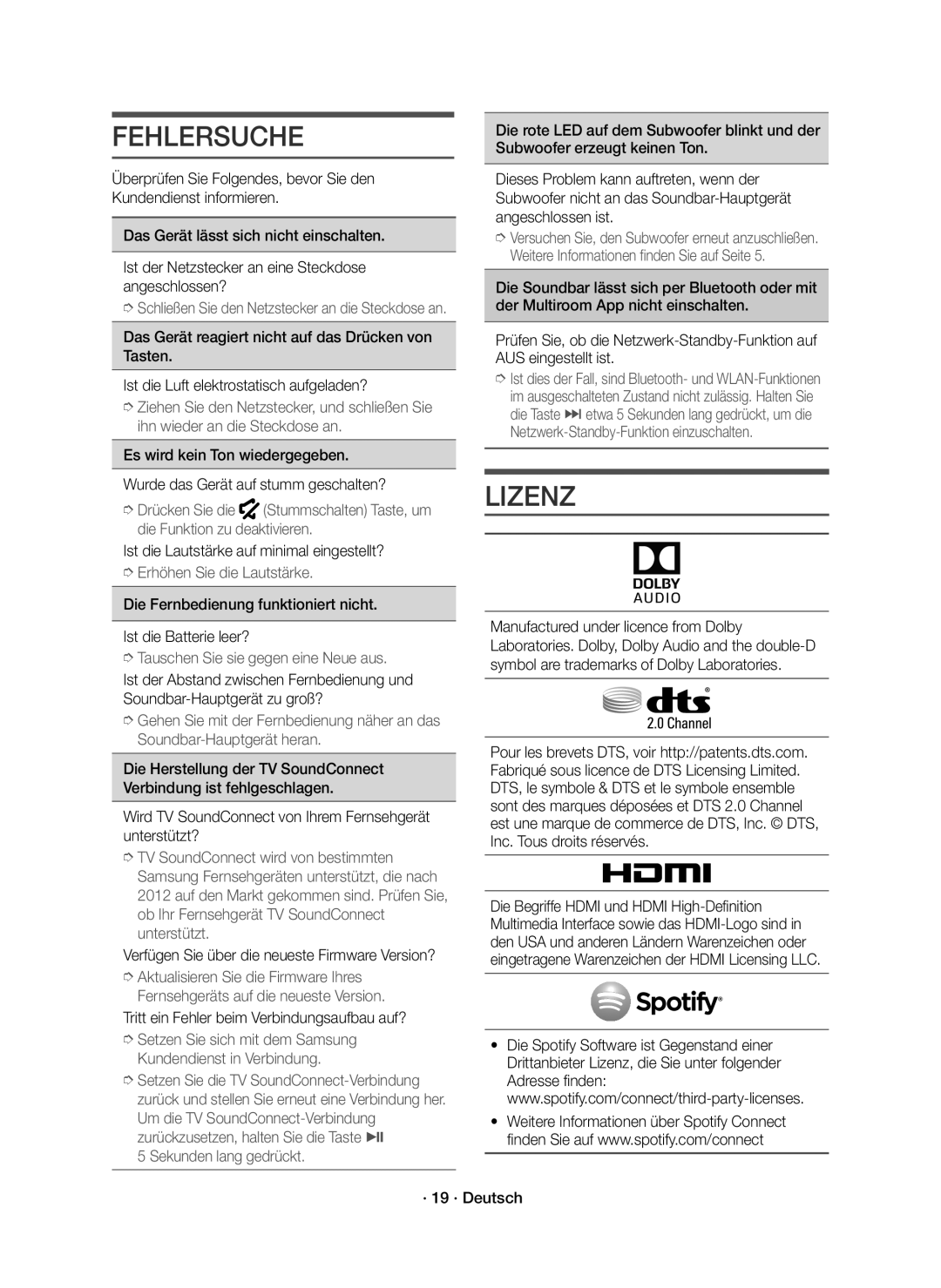 Samsung HW-K650/XN, HW-K651/EN, HW-K650/EN, HW-K651/XN manual Fehlersuche, Lizenz 