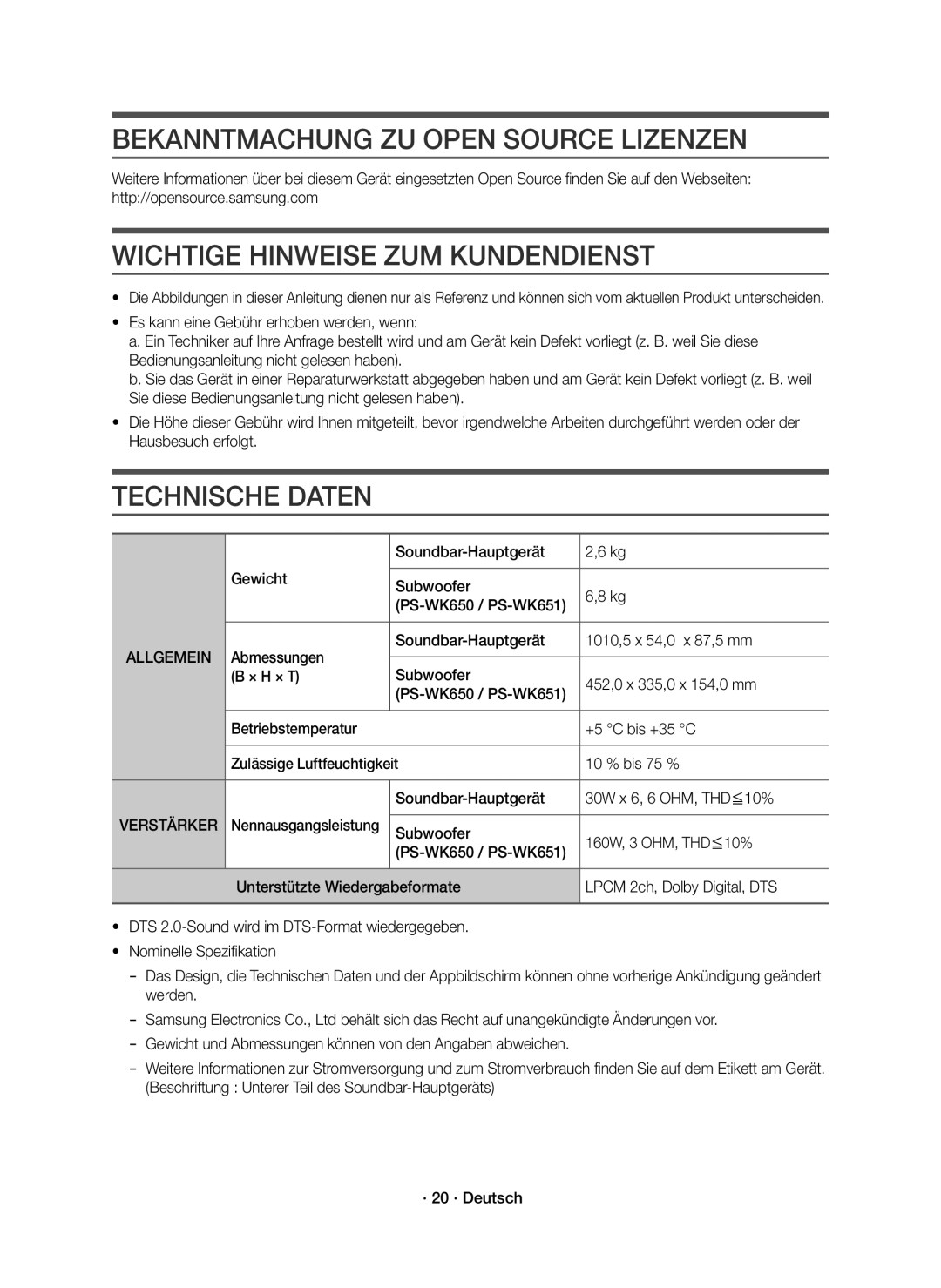 Samsung HW-K651/EN Bekanntmachung ZU Open Source Lizenzen, Wichtige Hinweise ZUM Kundendienst, Technische Daten, Allgemein 