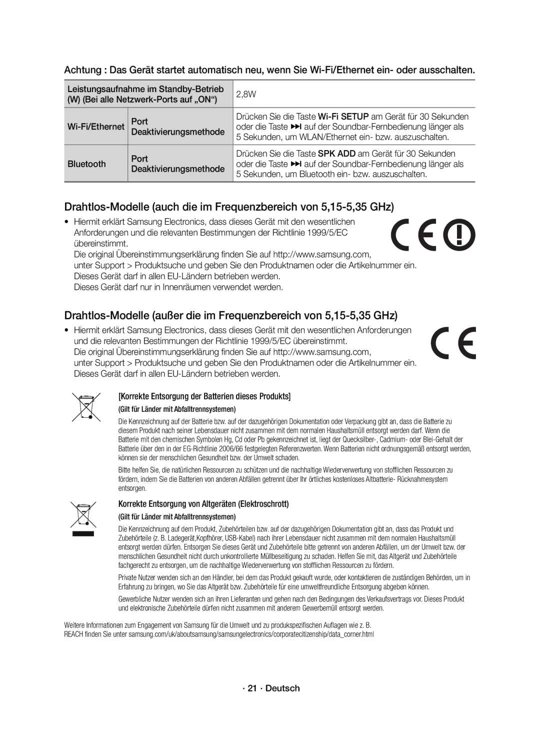 Samsung HW-K650/EN, HW-K651/EN, HW-K651/XN, HW-K650/XN Korrekte Entsorgung von Altgeräten Elektroschrott, · 21 · Deutsch 