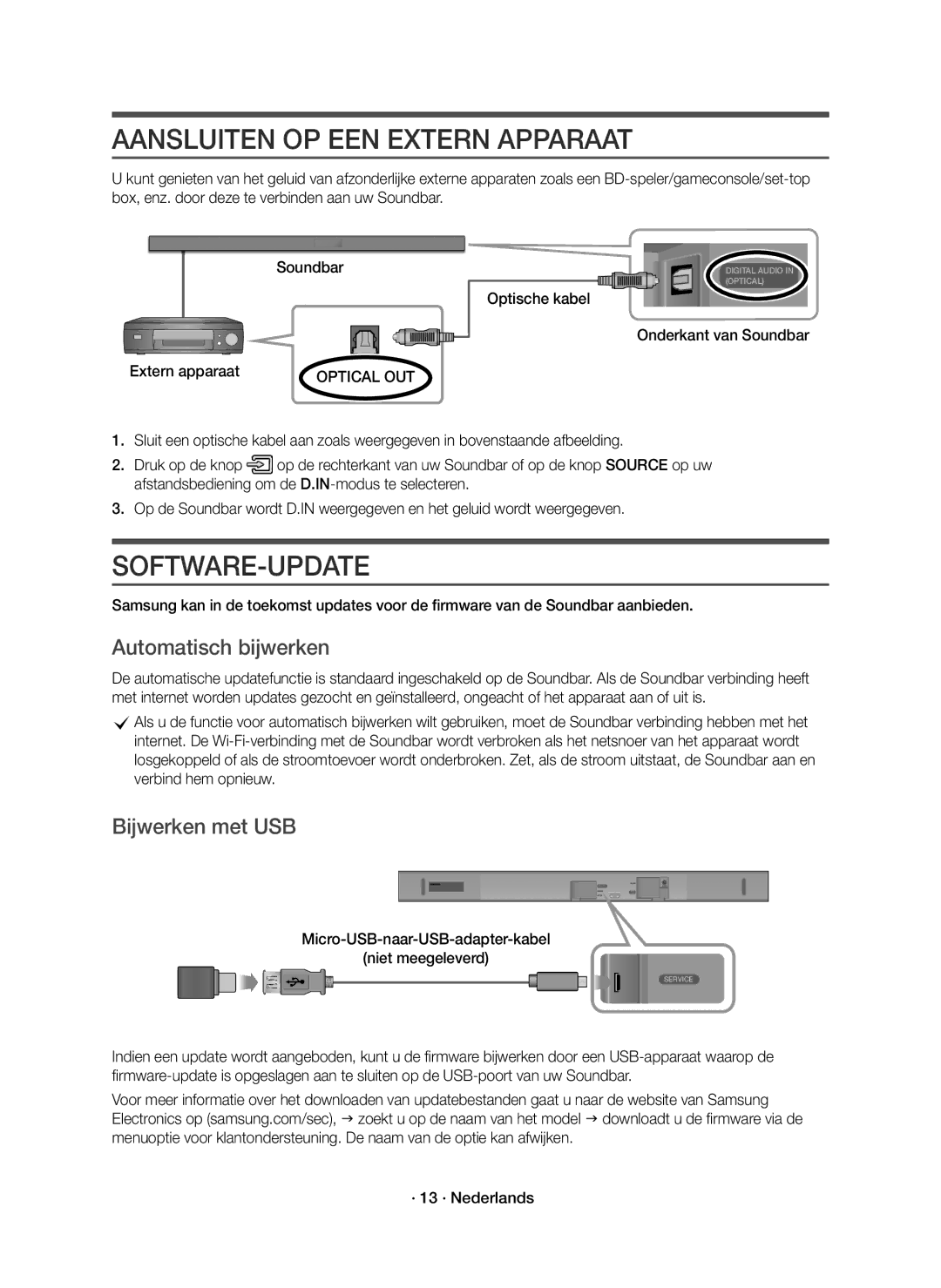 Samsung HW-K650/EN manual Aansluiten OP EEN Extern Apparaat, Software-Update, Automatisch bijwerken, Bijwerken met USB 