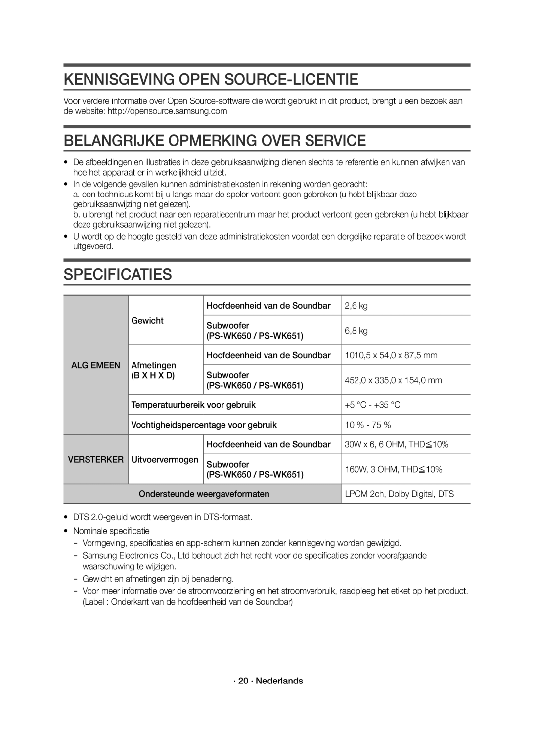 Samsung HW-K651/EN manual Kennisgeving Open SOURCE-LICENTIE, Belangrijke Opmerking Over Service, Specificaties, ALG Emeen 