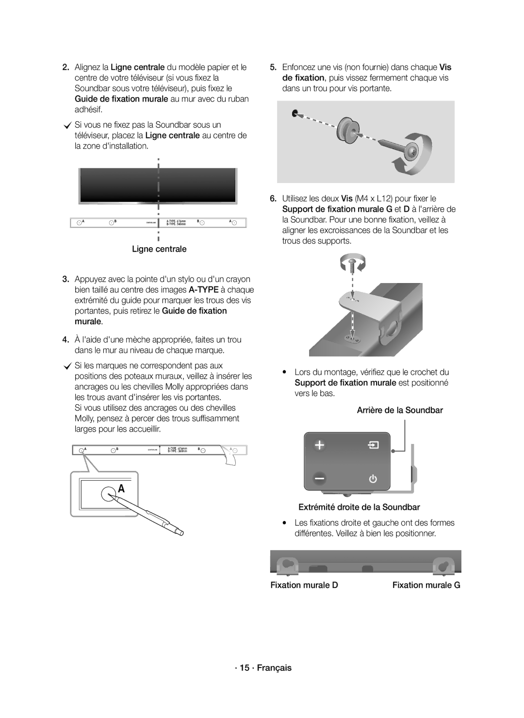 Samsung HW-K650/XN, HW-K651/EN manual Extrémité droite de la Soundbar, Fixation murale D Fixation murale G · 15 · Français 