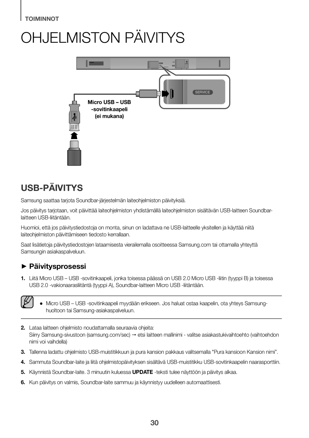 Samsung HW-K660/XE manual Ohjelmiston päivitys, USB-päivitys, ++Päivitysprosessi, Micro USB USB Sovitinkaapeli Ei mukana 