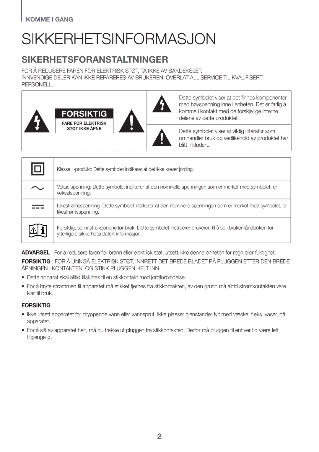 Samsung HW-K650/ZF, HW-K651/EN, HW-K650/EN, HW-K651/ZF, HW-K660/XE manual Sikkerhetsinformasjon, Sikerhetsforanstaltninger 