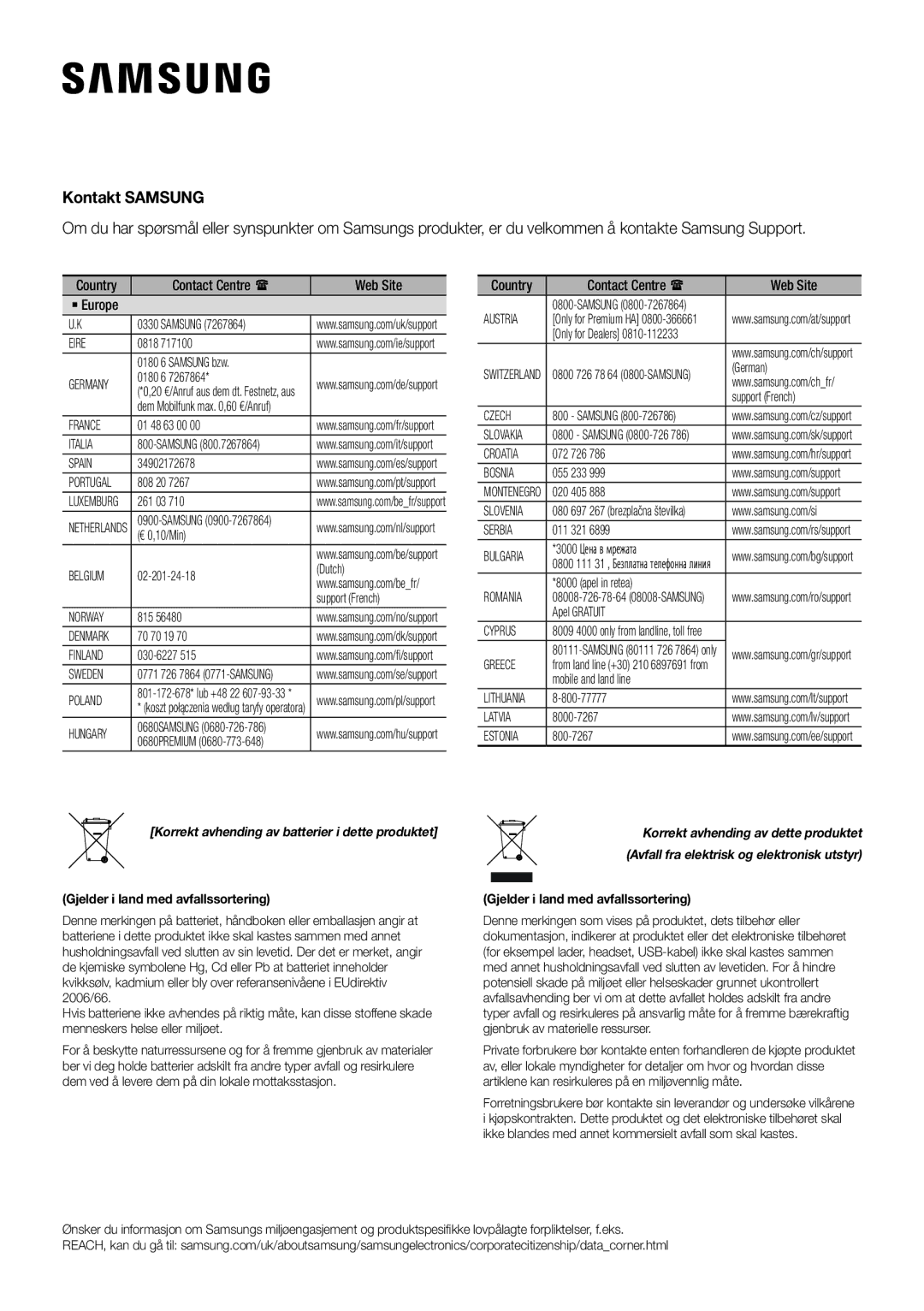 Samsung HW-K660/XE, HW-K651/EN, HW-K650/EN, HW-K651/ZF, HW-K650/ZF, HW-K661/XE, HW-K651/XN Gjelder i land med avfallssortering 