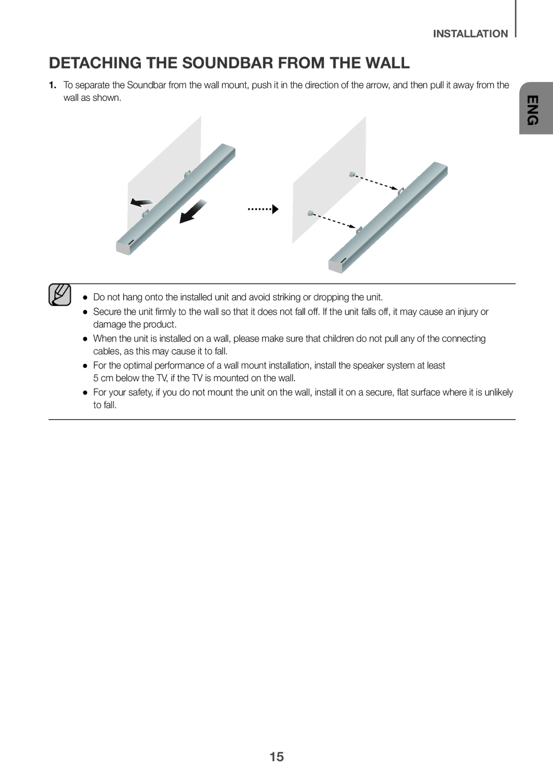 Samsung HW-K650/XN, HW-K651/EN, HW-K650/EN, HW-K651/ZF, HW-K650/ZF, HW-K660/XE, HW-K661/XE Detaching the Soundbar from the Wall 