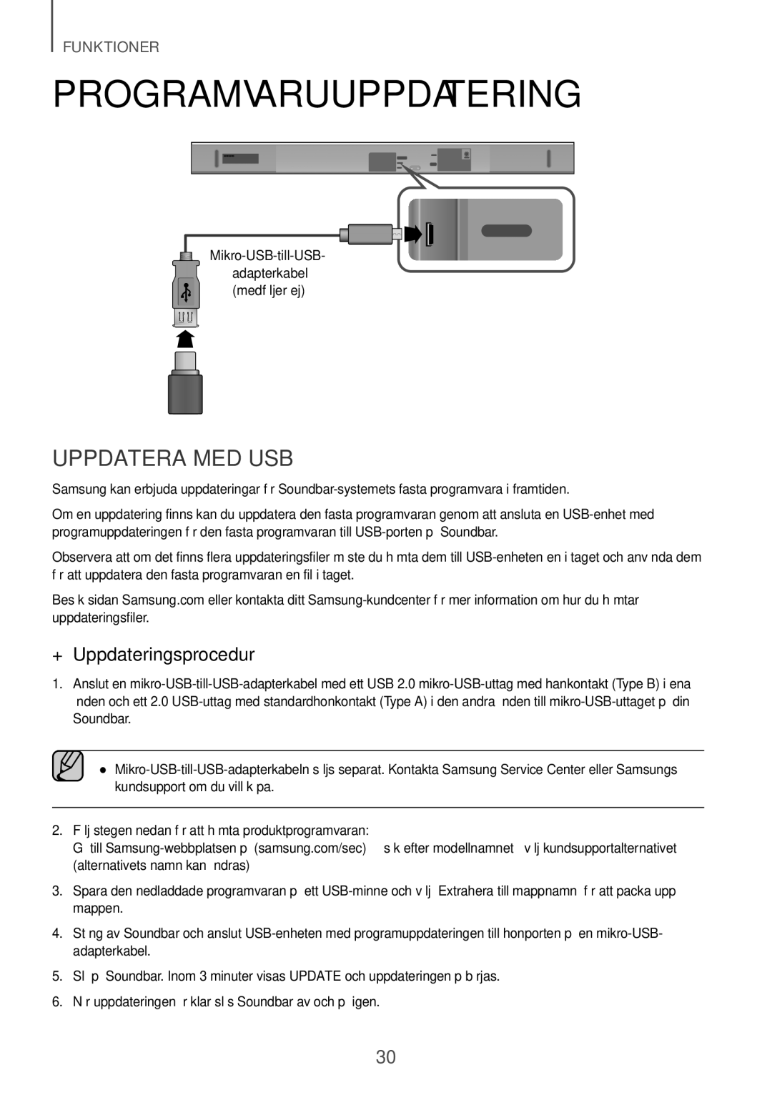 Samsung HW-K651/ZF, HW-K651/EN manual Programvaruuppdatering, Uppdatera med USB, ++Uppdateringsprocedur, Mikro-USB-till-USB 