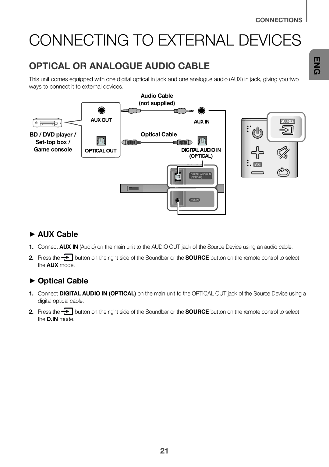 Samsung HW-K661/XE manual Connecting to External Devices, Optical or Analogue Audio Cable, ++AUX Cable, ++Optical Cable 