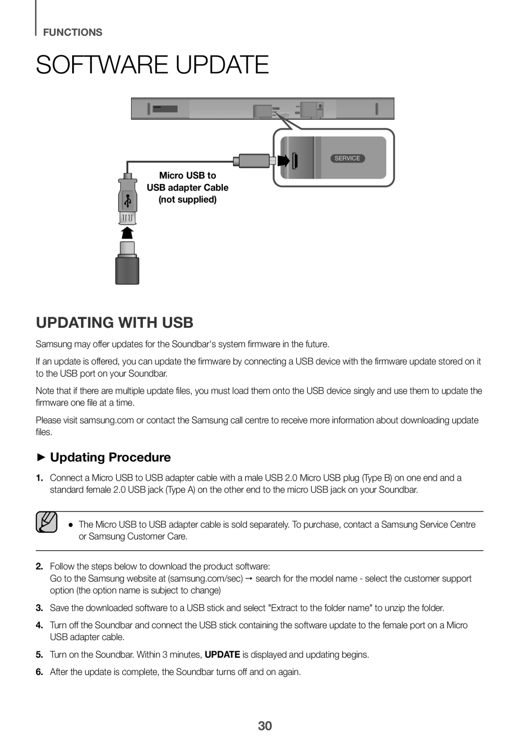 Samsung HW-K651/XN Software Update, Updating with USB, ++Updating Procedure, Micro USB to USB adapter Cable Not supplied 