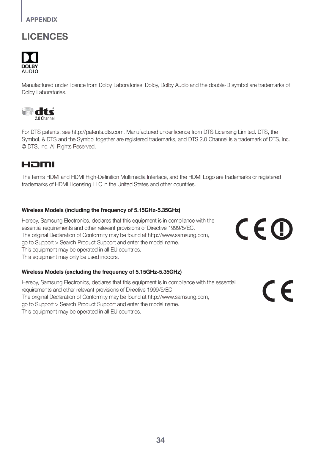 Samsung HW-K651/ZF, HW-K651/EN, HW-K650/EN, HW-K650/ZF Licences, Wireless Models including the frequency of 5.15GHz-5.35GHz 