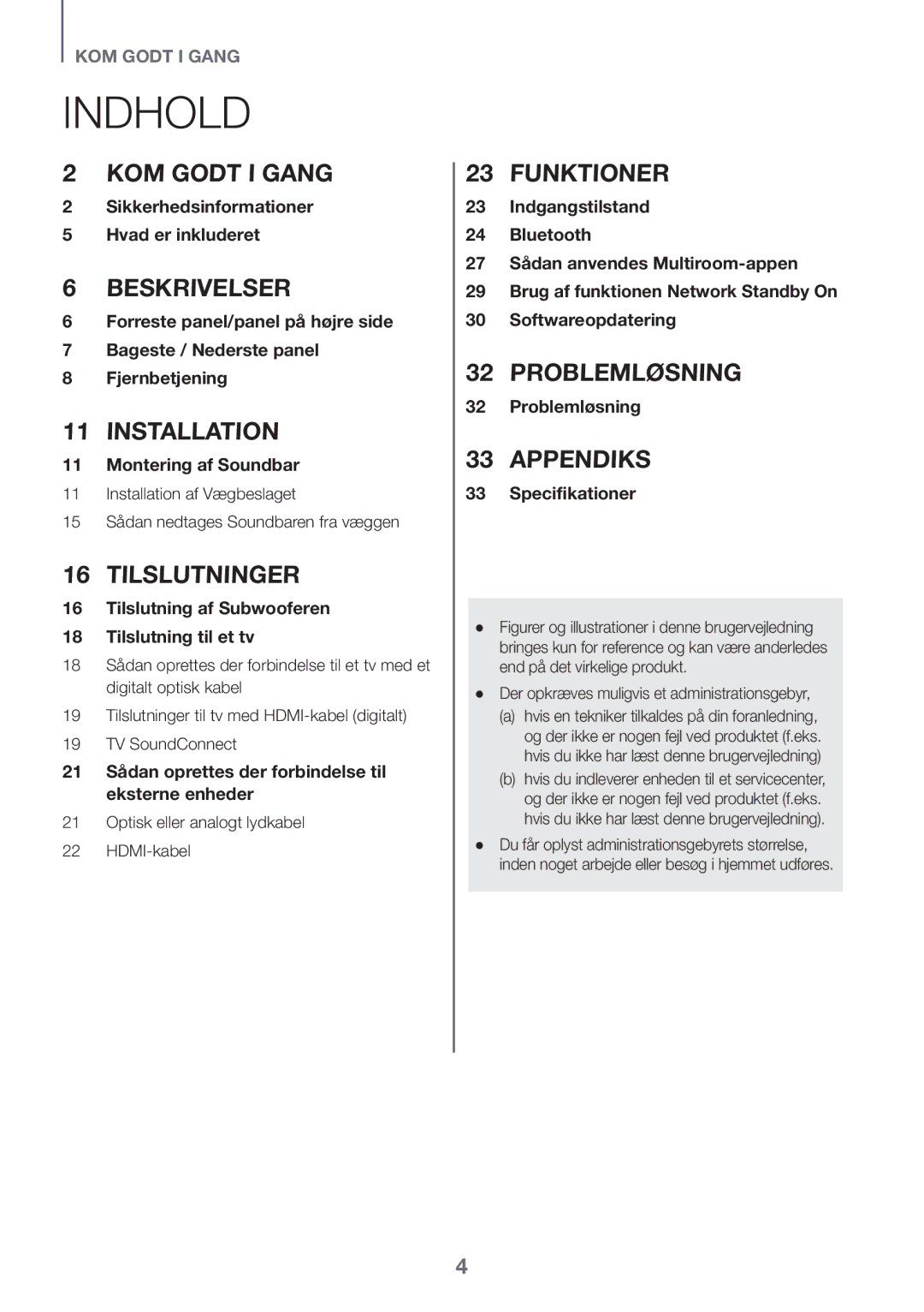 Samsung HW-K650/XN manual Indhold, Optisk eller analogt lydkabel HDMI-kabel, Der opkræves muligvis et administrationsgebyr 