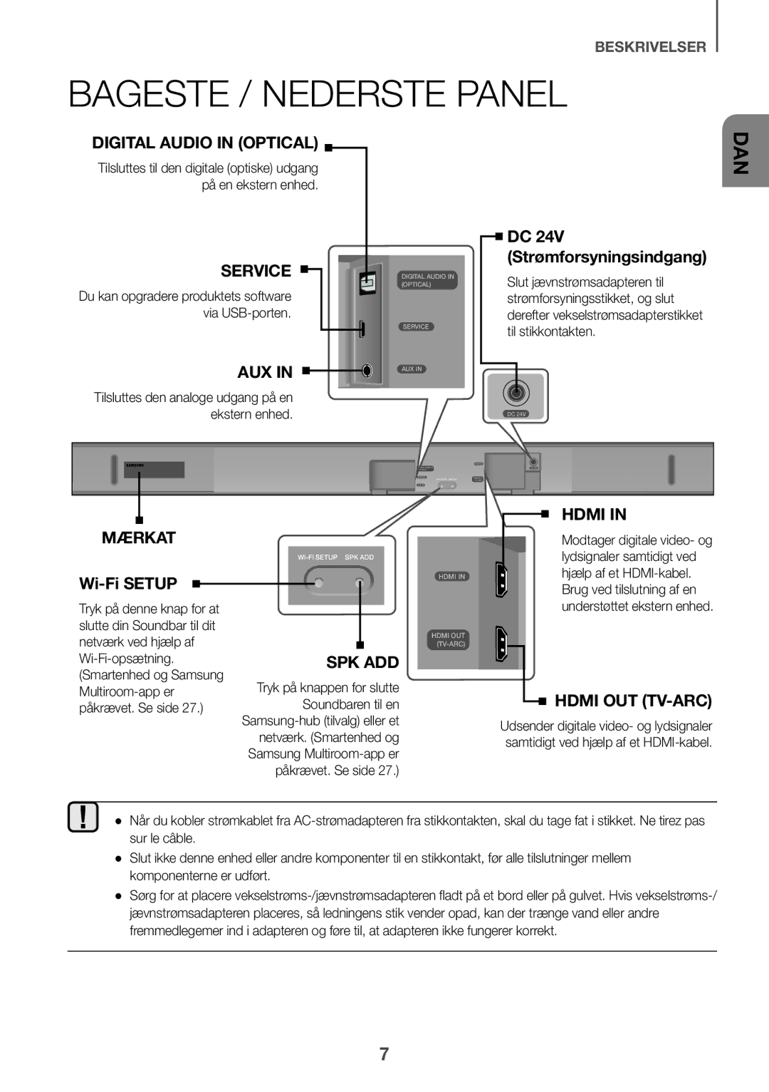 Samsung HW-K651/ZF, HW-K651/EN, HW-K650/EN, HW-K650/ZF, HW-K660/XE Bageste / Nederste panel, DC 24V Strømforsyningsindgang 