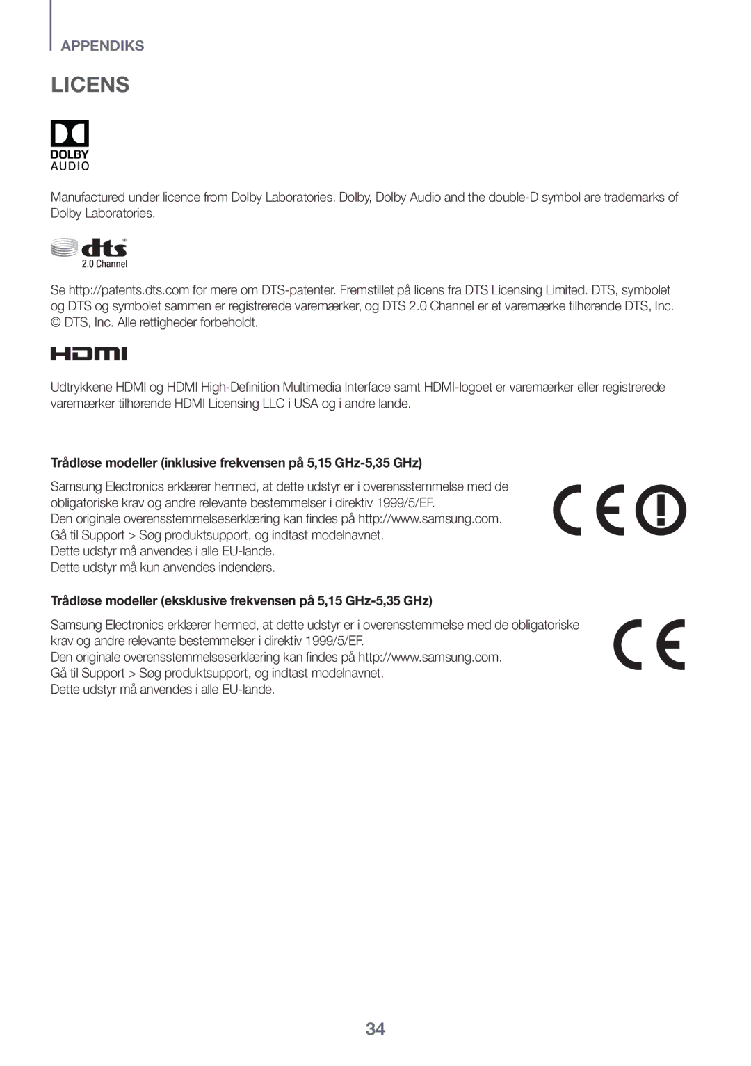 Samsung HW-K661/XE, HW-K651/EN, HW-K650/EN, HW-K651/ZF Licens, Trådløse modeller inklusive frekvensen på 5,15 GHz-5,35 GHz 