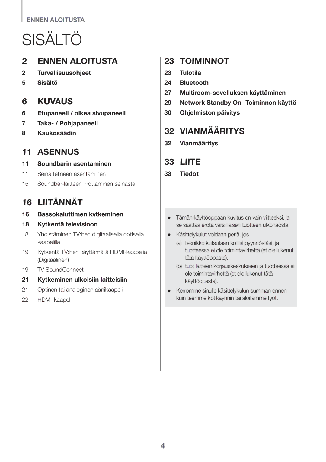 Samsung HW-K651/ZF, HW-K651/EN, HW-K650/EN, HW-K650/ZF, HW-K660/XE Sisältö, Optinen tai analoginen äänikaapeli HDMI-kaapeli 